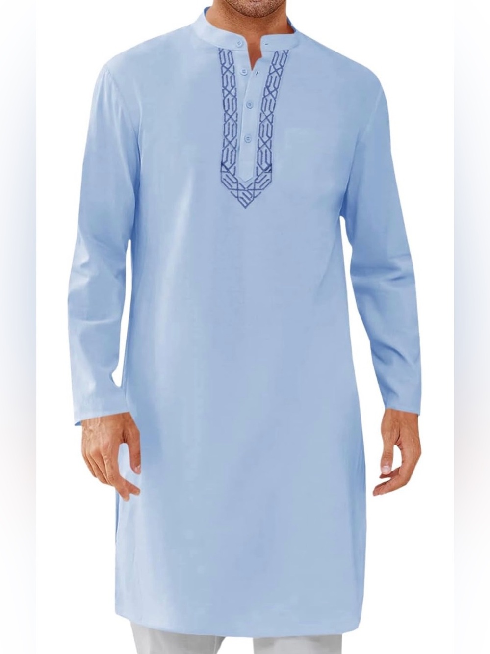 Men’s Light Blue Embroidered Kurta Long Sleeve Banded Collar Tunic Shirt